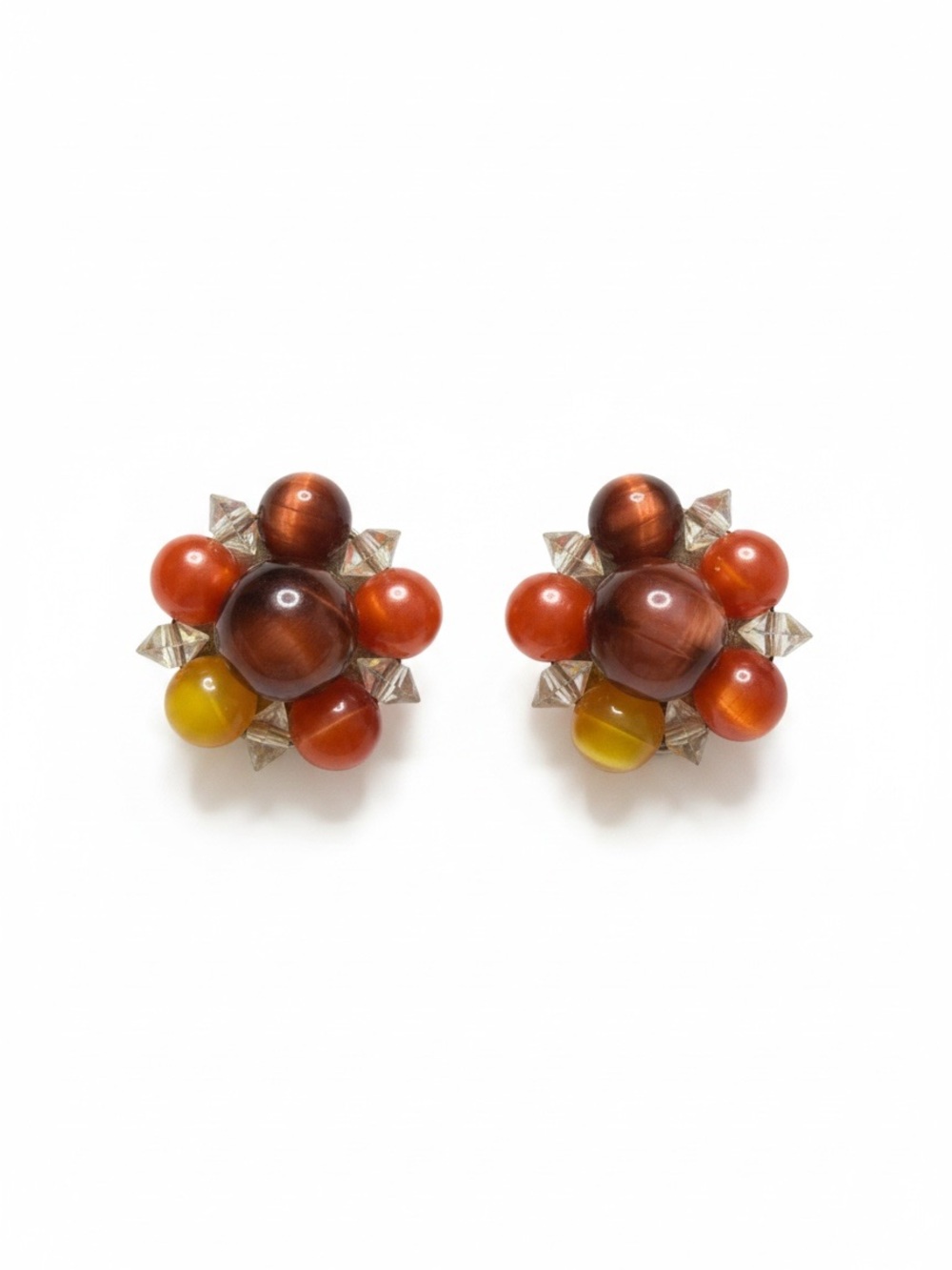 Vintage Lisner Amber Orange Lucite Crystal Cluster Clip Earrings